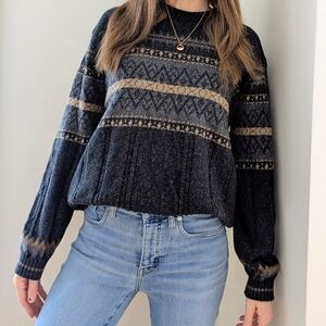 Vintage Abstract Geometric Chunky Cable Knit Crewneck Sweater In Navy/Ivory